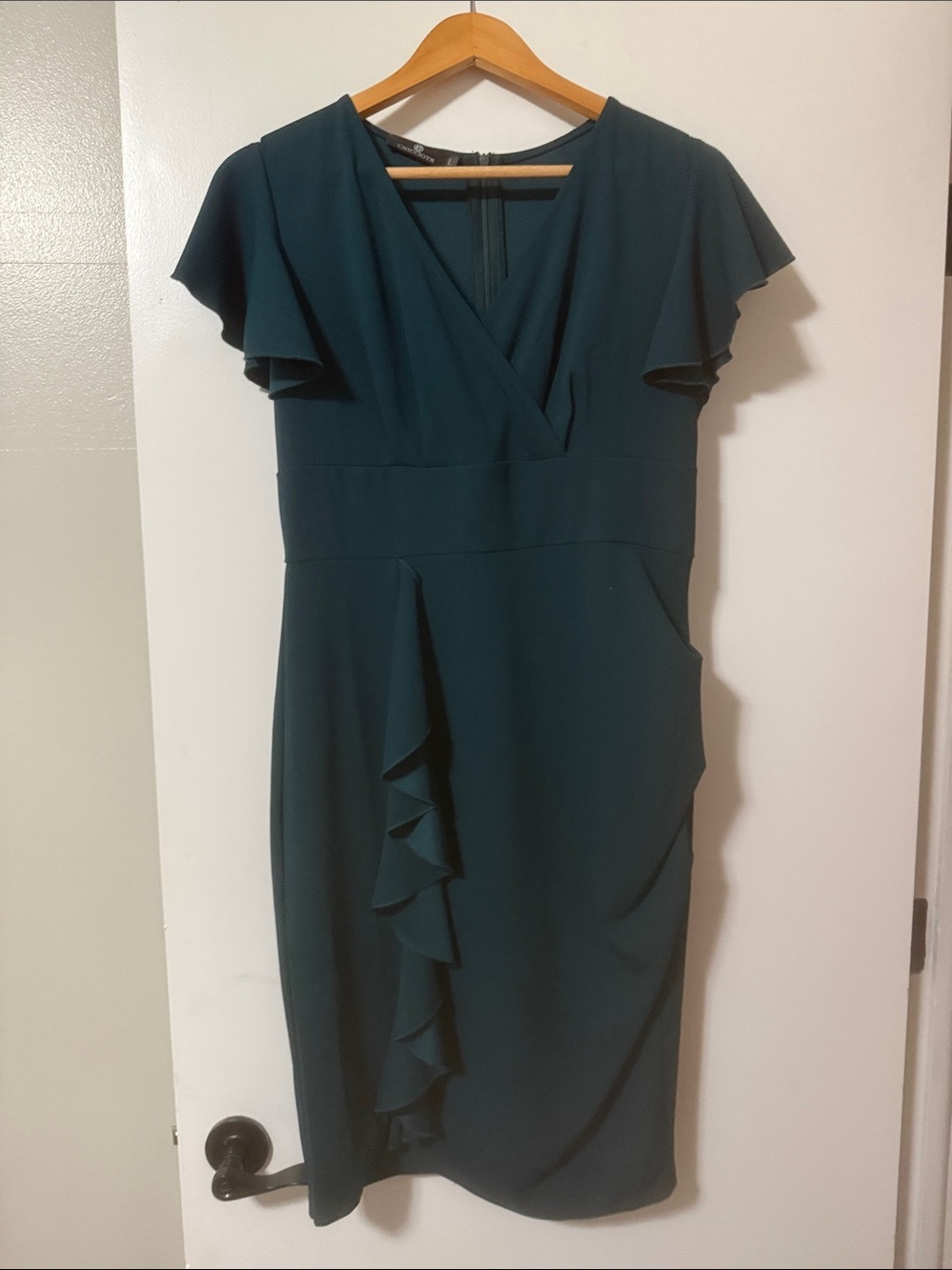 Flutter-Sleeve Teal Midi Dress with Ruffle Detail